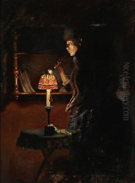 Interior With A Woman Who Lights Her Cigarette By A Lamp - view 1