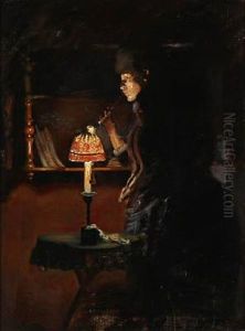 Interior With A Woman Who Lights Her Cigarette By A Lamp