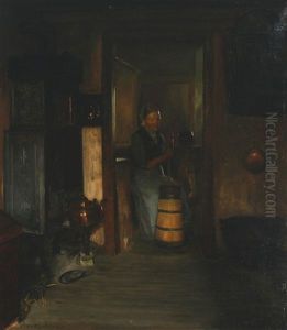 Interior With A Woman Churning Butter