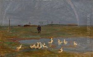 Landscape With Geese, Horses, An Elderly Man With A Cane And A Rainbow