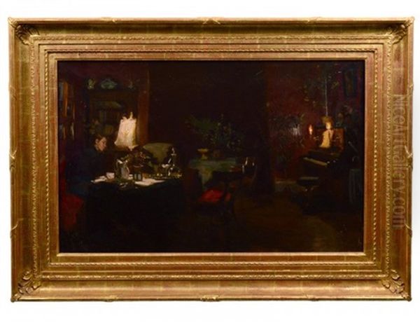 Interior Parlor Scene With Lady Seated At A Desk - view 1