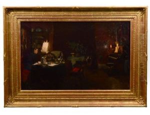 Interior Parlor Scene With Lady Seated At A Desk