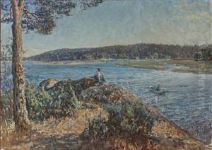 From The Swedish Skerries With A Woman Sitting And Overlooking A Bay From The Swedish Skerries With A Woman Sitting And Overlooking A Bay