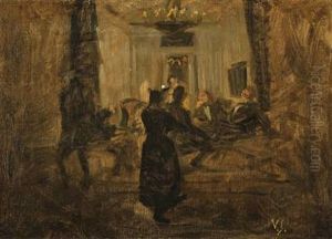 Interior With The Painters Kr. Zahrtmann, Karl Madsen, Julius Paulsen, Axel Helsted And Th. Philipsen by Viggo Johansen
