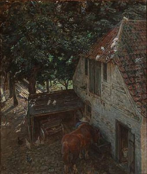 The Horse Is Being Watered At A White Farm - view 1