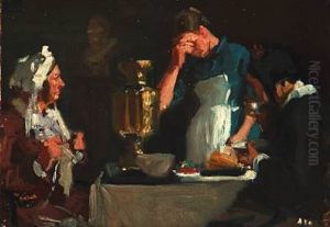 A Maid Is Being Corrected By The Lady Of The House. Study For En Reprimande (a Reprimand) by Viggo Johansen