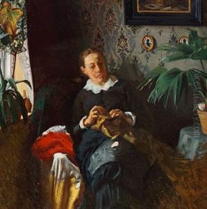 Interior With The Artist's Wife Sitting In An Easy Chair by Viggo Johansen