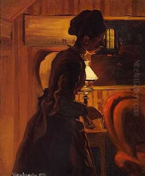 Interior Med Kunstnerens Soster Frk. Helga Johansen. Lampelys - view 1
