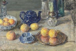 Opstilling Med Hyacintglas, Appelsiner, Thekande Og Kop Pa Bord by Viggo Johansen
