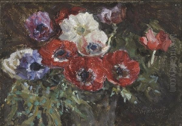 Komposition Med Rode, Hvide Og Bla Franske Anemoner - view 1
