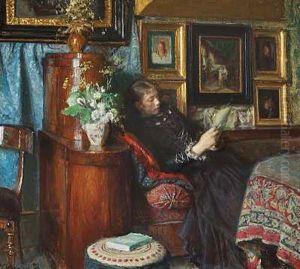 Interior Med Kunstnerens Hustru I Dagligstuen by Viggo Johansen