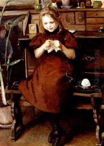 Lille Pige, Der Strikker I En Stue by Viggo Johansen