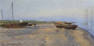 Optrukne Bade Pa Stranden. Solen Star Lavt by Viggo Johansen