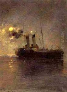 Raddampfer Auf Hoher See Bei Mondschein by Arvid Johansson