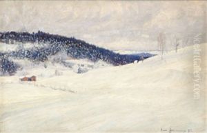 Vinterlandskap Med Fabodar by Carl (August) Johansson
