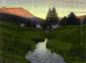 Insjolandskap I Aftonrodnad by Carl (August) Johansson
