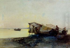 Pecheurs Remaillant Leur Filet Le Soir