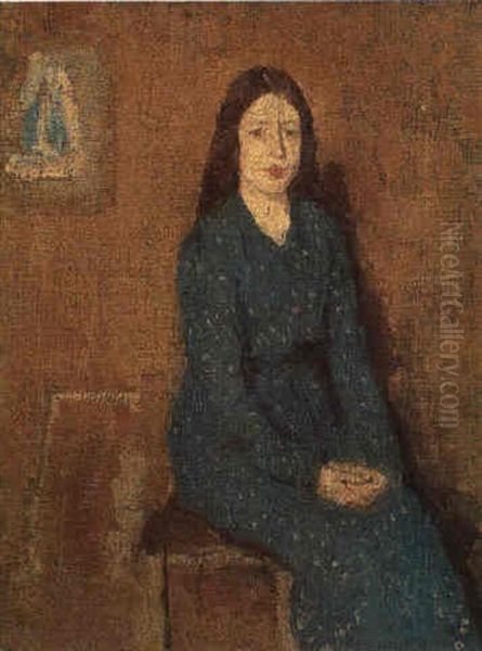 A Sitting Girl Wearing A Spotted Blue Dress - view 1
