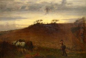 Landscape Scene With Shire Horses And Farm Worker