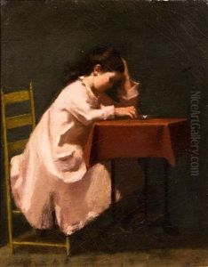 Young Girl Reading At The Table by Eastman Johnson