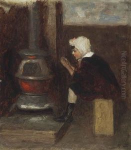 Study For Ice Skater/child Warming Hands In Studio by Eastman Johnson