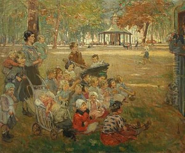 Scenery From A Sunny Marketplace With Several Children Watching A Puppet Theatre - view 1