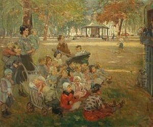 Scenery From A Sunny Marketplace With Several Children Watching A Puppet Theatre