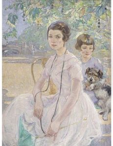 Portrait Of A Mother And Child, Seated Three-quarter-length, In Summer Dresses, With A Parasol And A Puppy by Ernest Borough Johnson