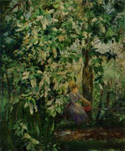 En Ung Kvinde Pa En Baenk Under Et Blomstrende Trae I En Park by Ernest Borough Johnson
