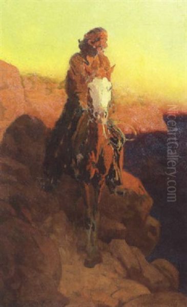 Native American On Horseback On A Cliff At Sunset - view 1