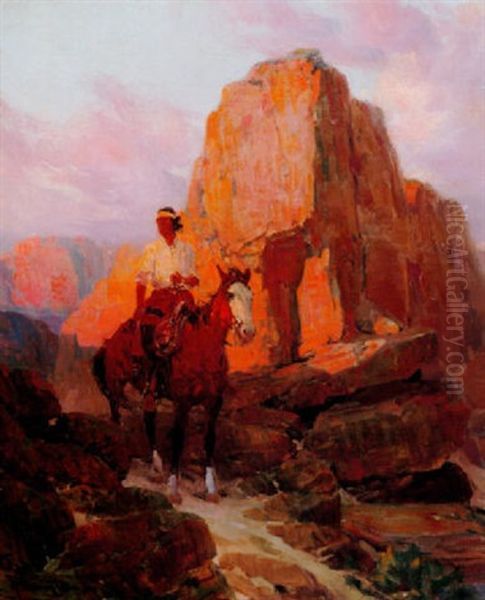 Indian On Horseback In Southwestern Landscape - view 1