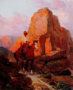 Indian On Horseback In Southwestern Landscape by Frank Johnson