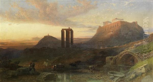 The Acropolis Of Athens, With Mount Hymettus And The Olive Groves Of The Academy, As Seen From The Slopes Of The Pass Of Daphne, On The Eleusinian Road - Early Morning - view 1