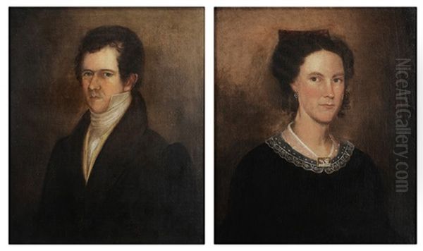 A Gentleman, In Yellow Vest And Brown Coat And A Lady, In Lace-collared Dress Fastened With A Brooch, Hair Secured With Tortoise Comb (2 Works) - view 1