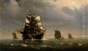 American Clipper Ship Under Sail With Tugboat by Johnson, Marshall