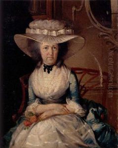 Portrait Of Miss Henrietta Nelson In A Blue And White Gown And White Hat, Holding A Rose, In A Rococo Interior