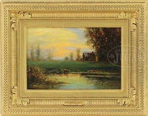 Sunrise Landscape With Cows At Watering Hole by David Johnson