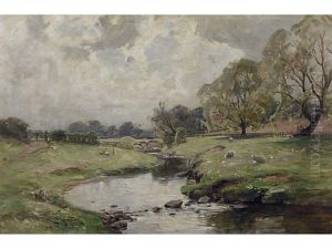 Sheep Grazing By A Stream With Children Nearby by Charles Johnston