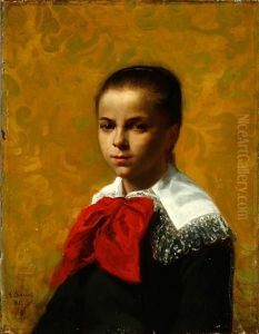 Bassot: Young Girl With A Red Scart. Signed And Dated F. Bassot 1882 by Ferdinand Bassot