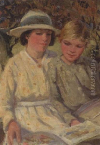 Two Girls Reading On A River Bank - view 1