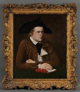 Portrait Of Young Man In Colonial Dress Seated At A Table With Notebook And Pen by John Johnston