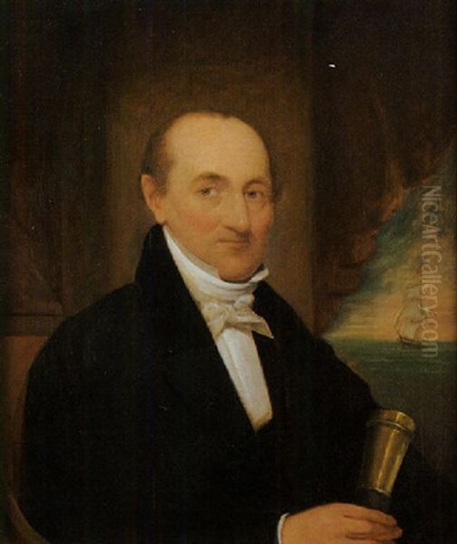 Portrait Of An American Sea Captain With Spyglass, A Ship At Sea In Background - view 1
