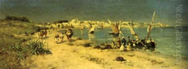 View Of A Mosque, Fishing Boats And Travellers In Conversation - view 1
