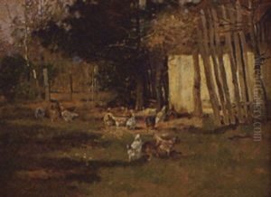 Barnyard Scene With Chickens Beside A Barn by Reuben Le Grande Johnston