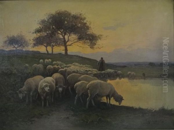 Berger Et Ses Moutons Au Crepuscule - view 1