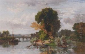 Fishermen In A River Landscape by Dominique-Adolphe Grenet de Joigny