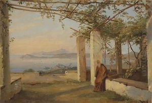 Vue De Vico Pres De Naples Avec Un Moine by Antoine-Victor-Edmond Joinville