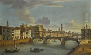 Florence, A View Of The Ponte Santa Trinita And The River From The Lungarno Guicciardini by Antonio Joli