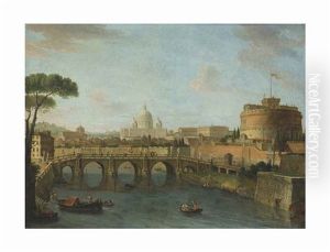The Tiber, Rome, Looking Towards The Castel Sant'angelo, With Saint Peter's Basilica Beyond by Antonio Joli