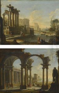 Architectural Capriccio With Figures Among Classical Ruins By An Inlet; Architectural Capriccio With Figures Under A Ruined Colonnade